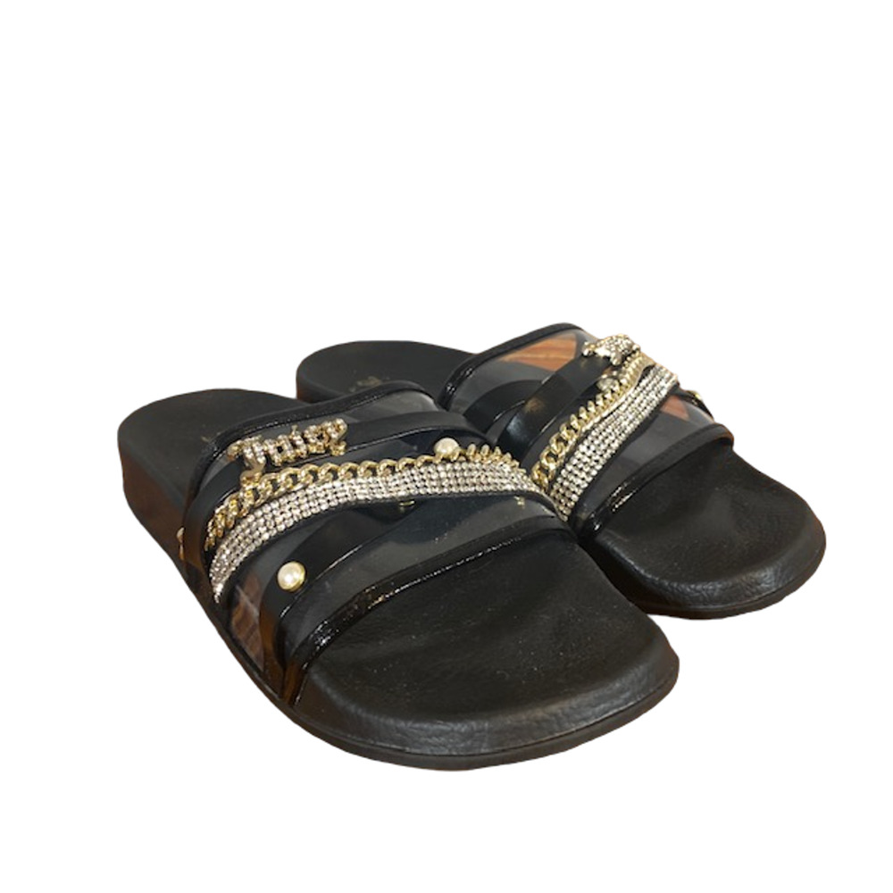 Juicy Couture Styx Black Embellished Logo Slip On Slides Women Sz 6